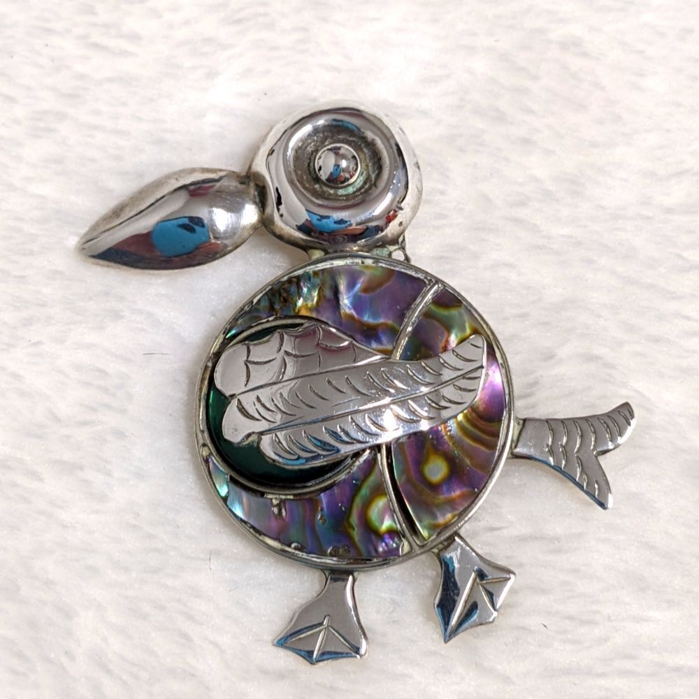 Vintage /Rare Mexico Sterling Silver & Abalone Whimsical Toucan Brooche - Picture 6 of 10